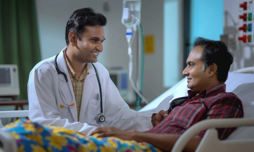 Doctor in white coat consults with patient lying on hospital bed. Patient wears red shirt, smiles, appears in good spirits. Hospital room has beige color scheme window in background.